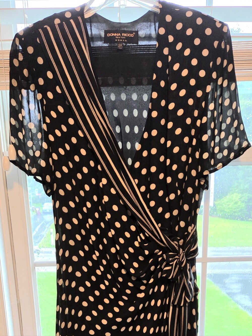 Donna Ricco Black and White Polka Dot Chiffon Wrap Dress